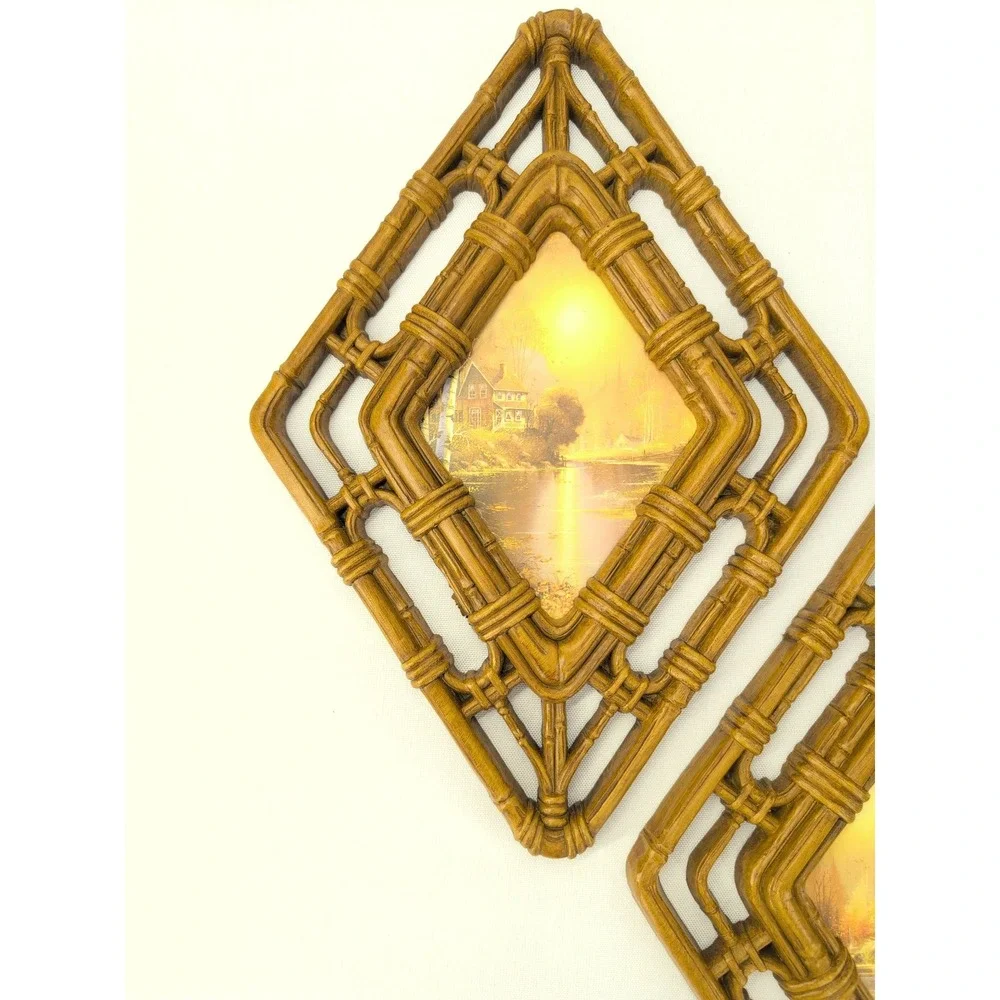 Homco Wall Plaques Brown Vintage 1983 Faux Bamboo Diamond Cottage Set of 2 325 3